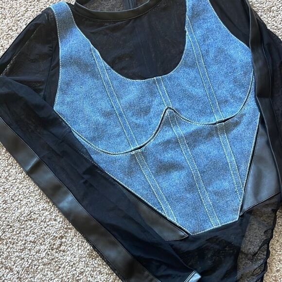 MANIÉRE DE VOIR DENIM CORSET MESH BODYSUIT - Picture 9 of 13